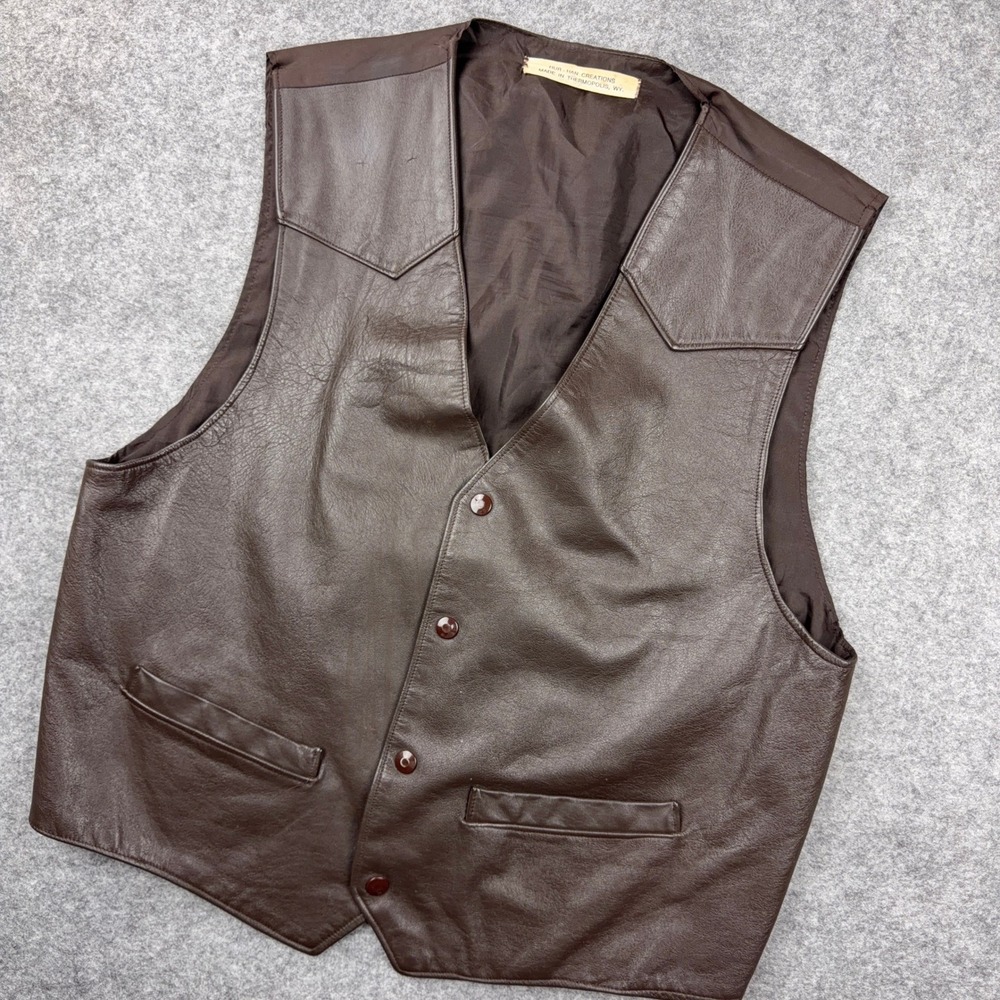 VTG Hur-Han Creations Vest Mens L 42 Brown Thermopolis WY Leather Western Yoke
